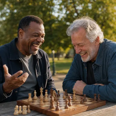 Two friends in their fifties laughing over a chessboard at an outdoor table