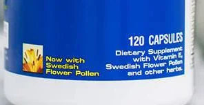 Close-up of the Semenax label showing 120 CAPSULES and the line dietary supplement with vitamin E, Swedish flower pollen and other herbs